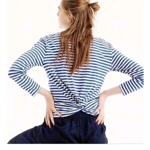 J.Crew Twist Back Blue White Striped 3/4 Sleeve Cotton Top H7200 Size S
